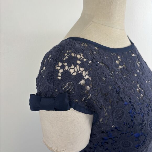 Nanette Lepore Womens 10 Around the World Sheath Dress Navy Blue Lace Bow Detail - Picture 5 of 10